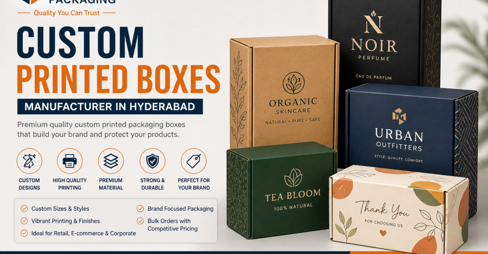 Custom printed packaging boxes displayed for branded product packaging solutions in Hyderabad.