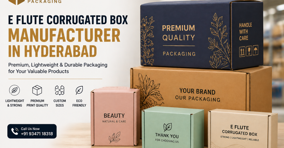 Premium E flute corrugated boxes displayed for retail and branded product packaging in Hyderabad.